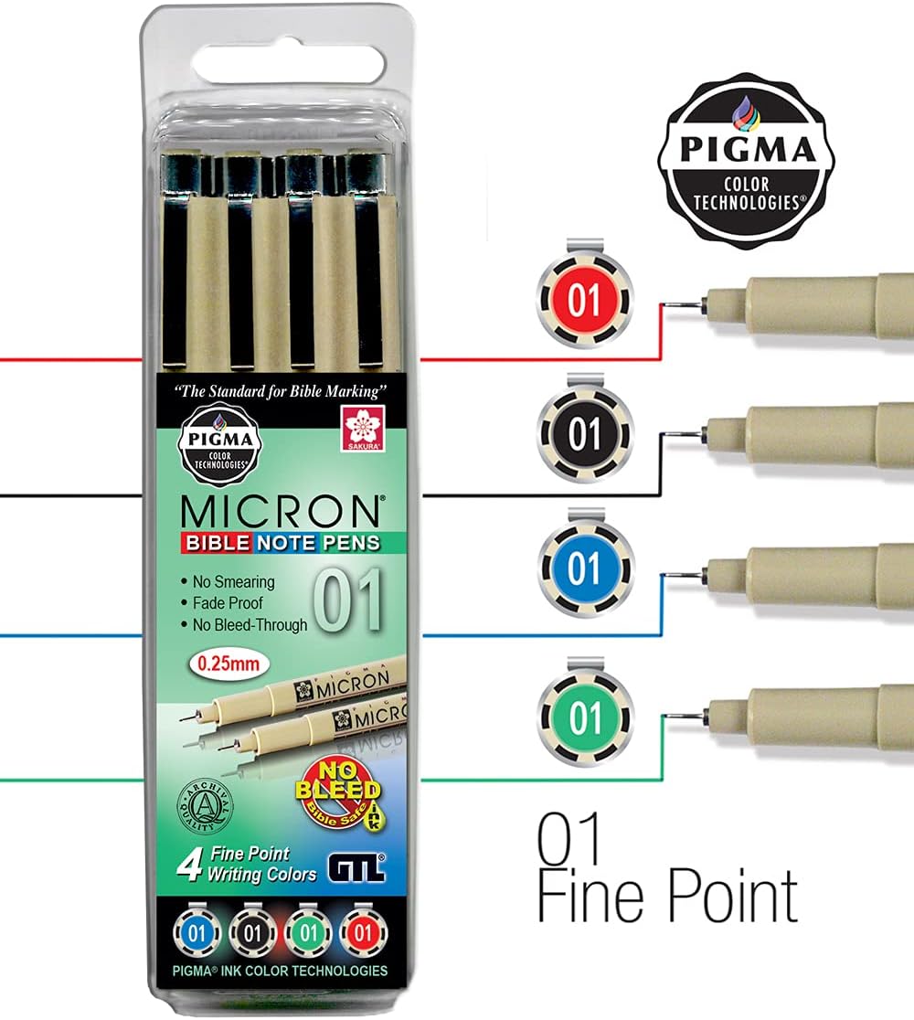 Sakura Pigma Micron Set of 4 Bible Note Pens, Fine Point Writing Colors