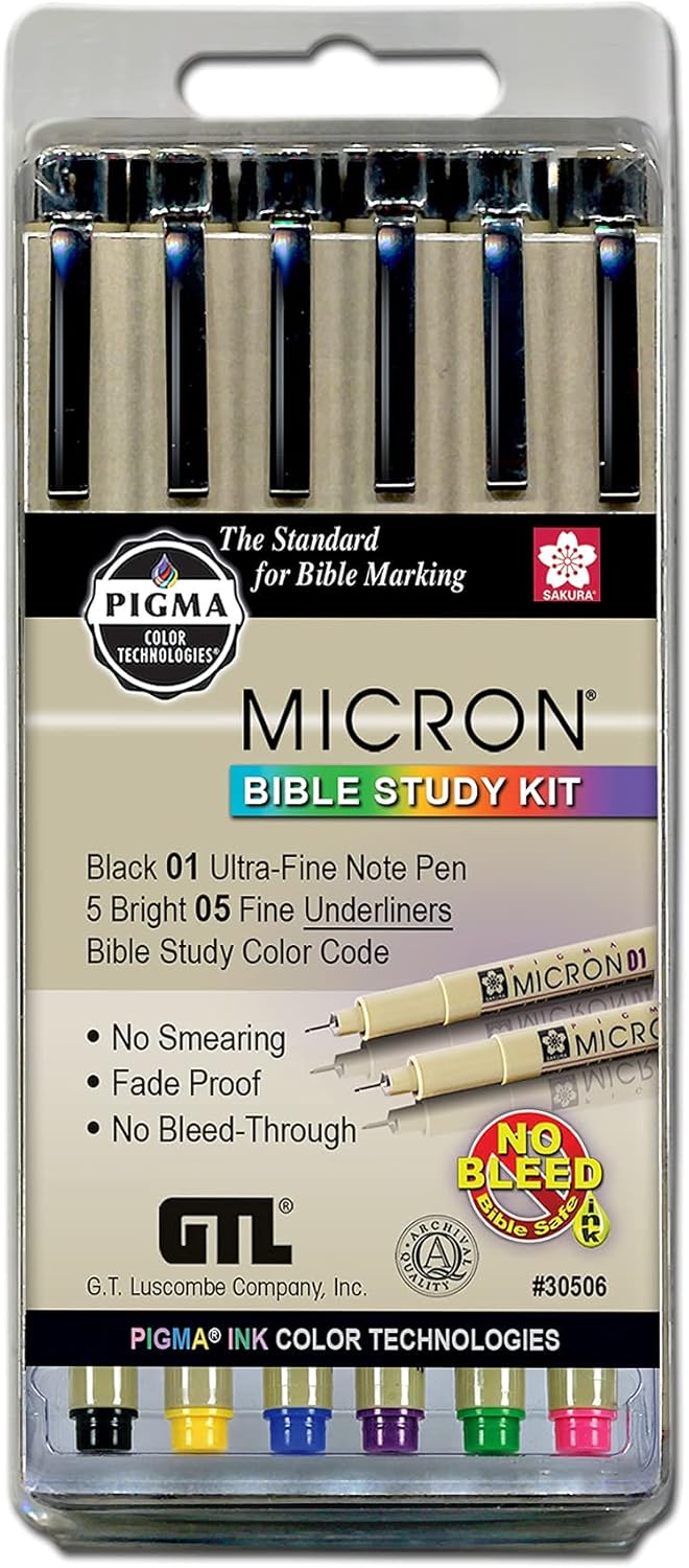 Sakura Pigma Micron Set of 6 Bible Note Pens, Ultra-Fine/Fine Point Underliners