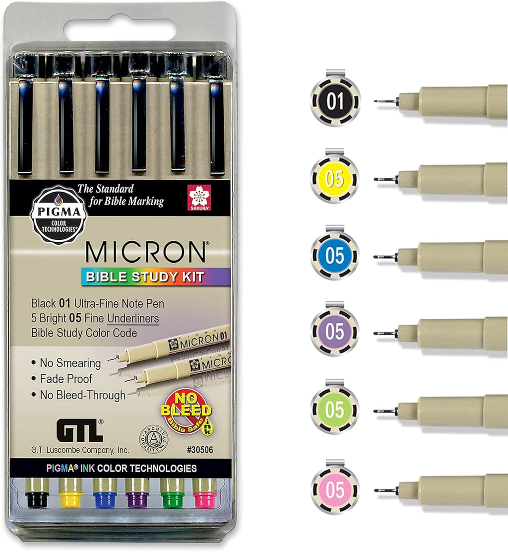 Sakura Pigma Micron Set of 6 Bible Note Pens, Ultra-Fine/Fine Point Underliners