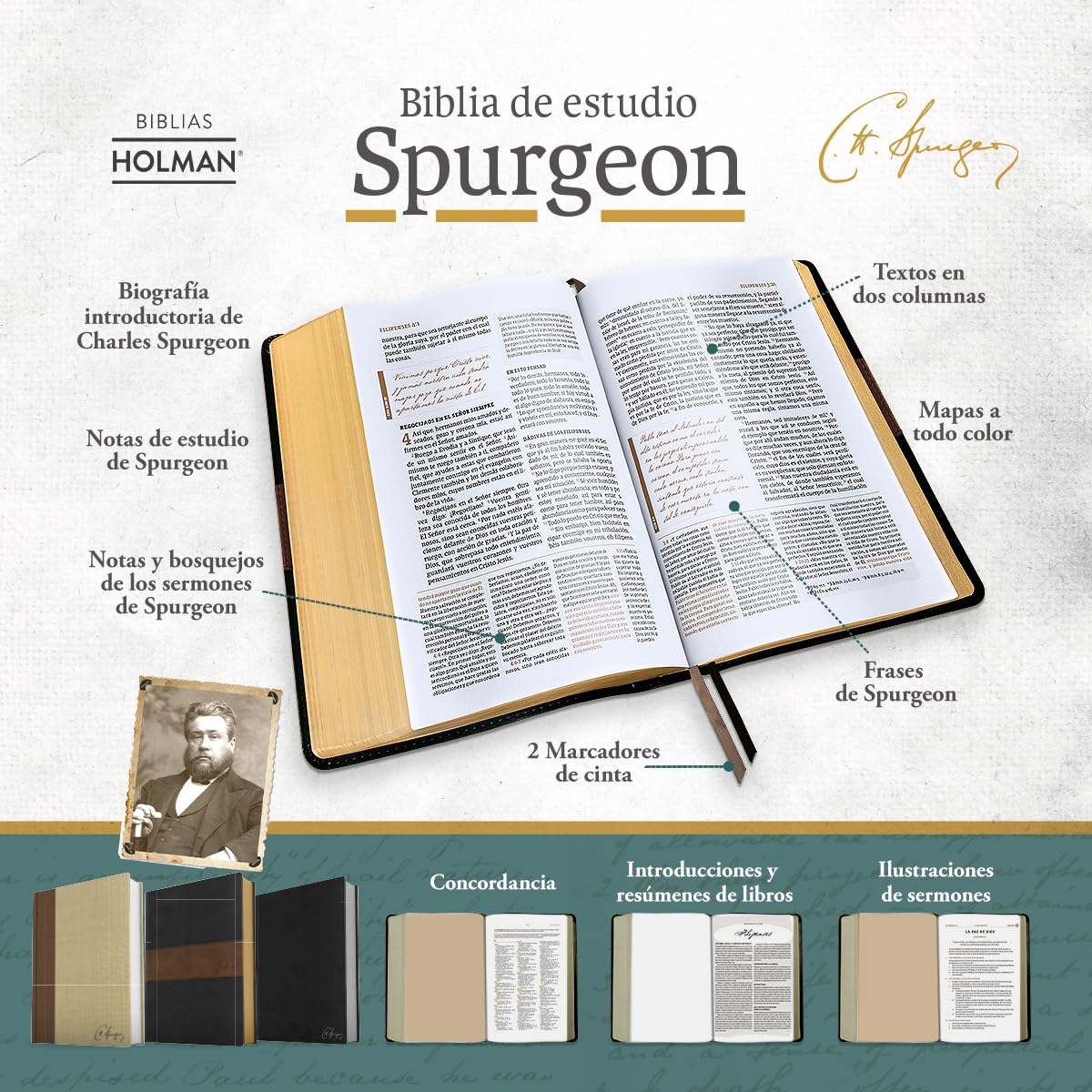 Biblia de Estudio Spurgeon (RV60), Negro Piel Genuina