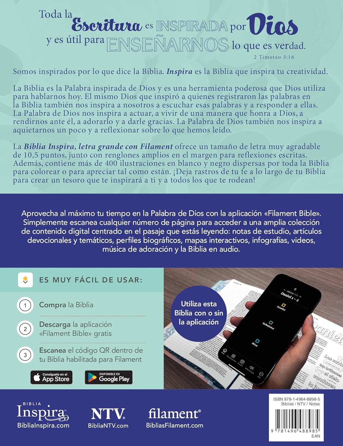 Biblia Inspira (NTV) con Filament, SentiPiel™ Ramo Azul