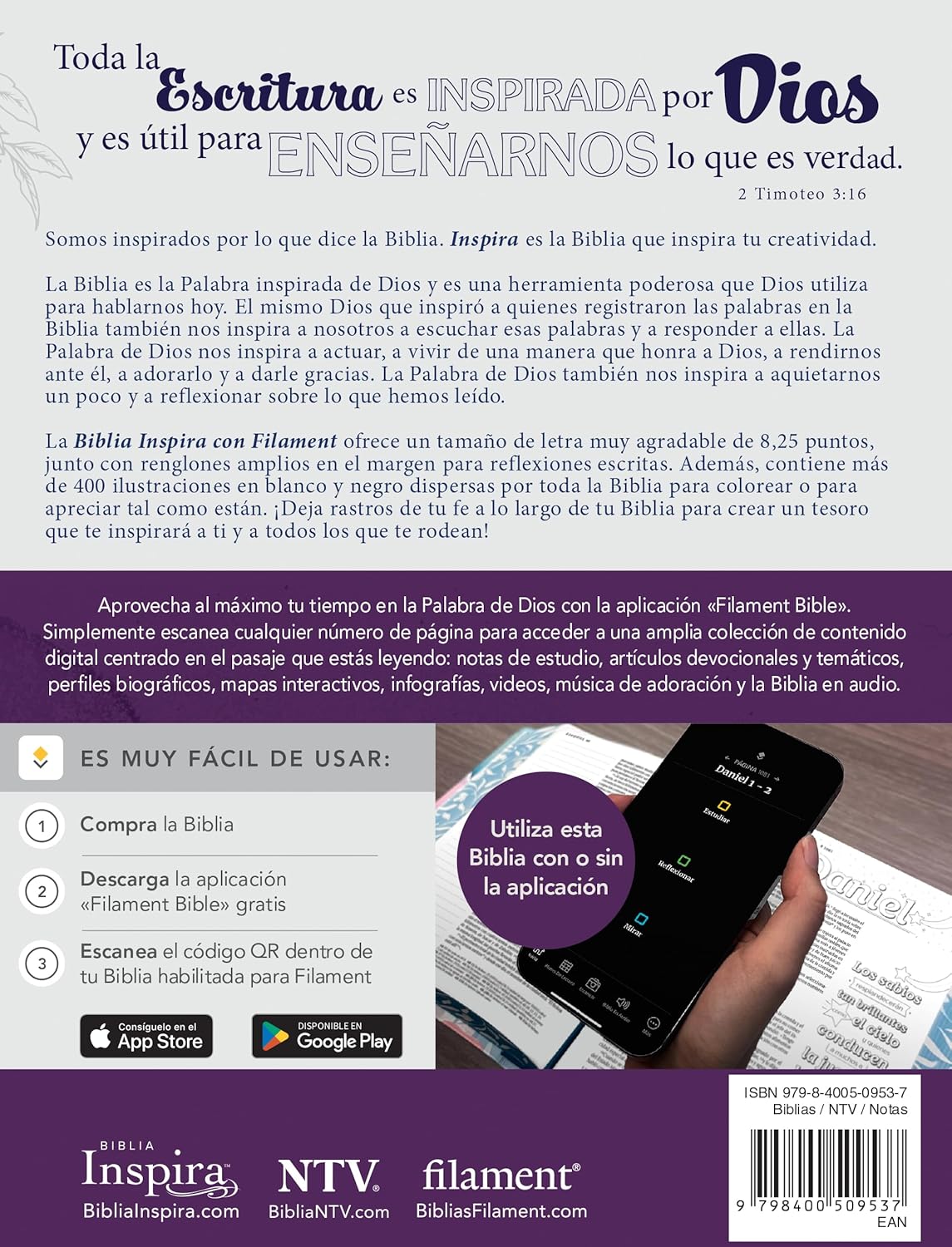 Biblia Inspira (NTV) con Filament, SentiPiel™ Lavanda