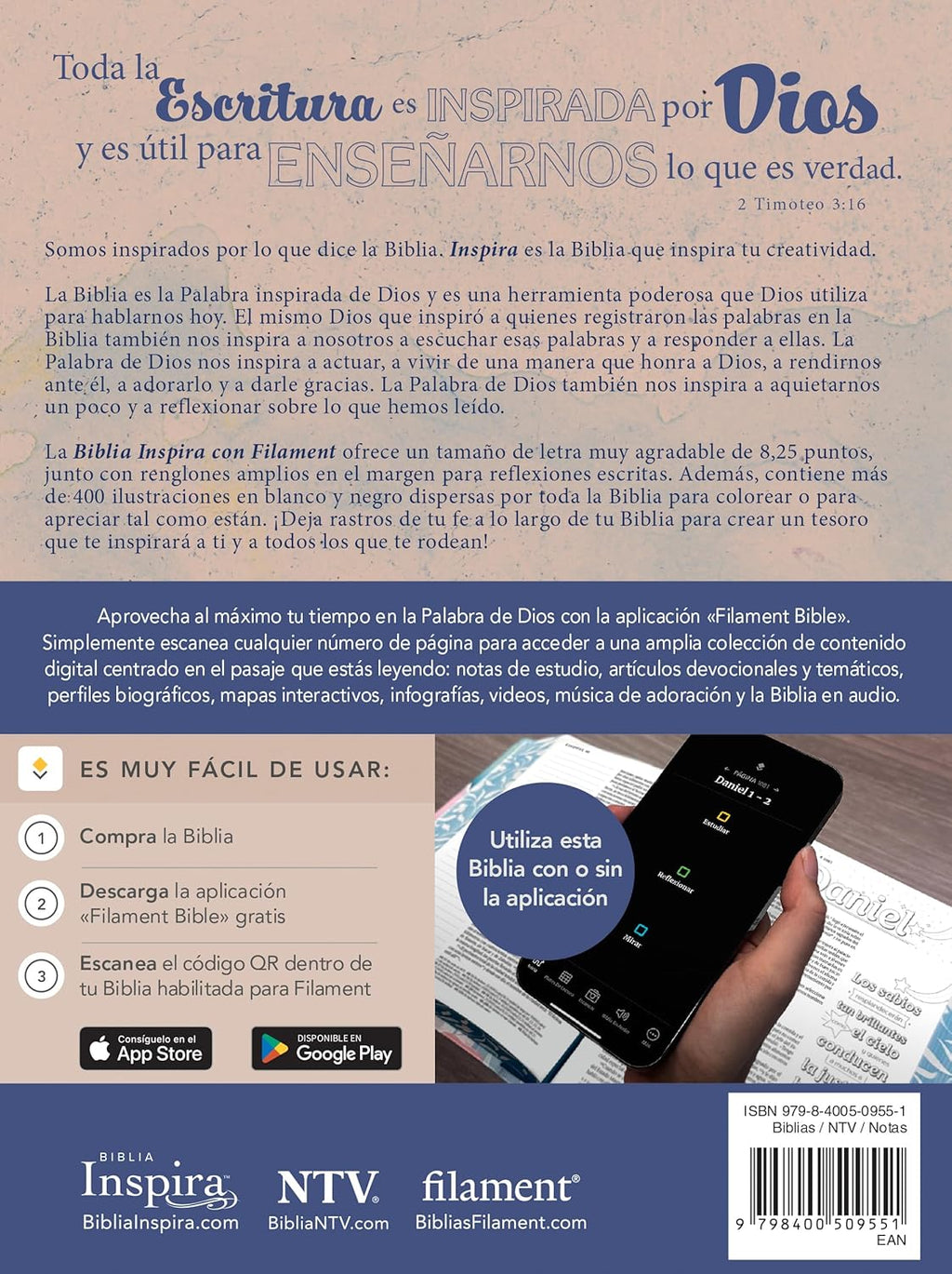 Biblia Inspira (NTV) con Filament, SentiPiel™ Acuarela Rosa