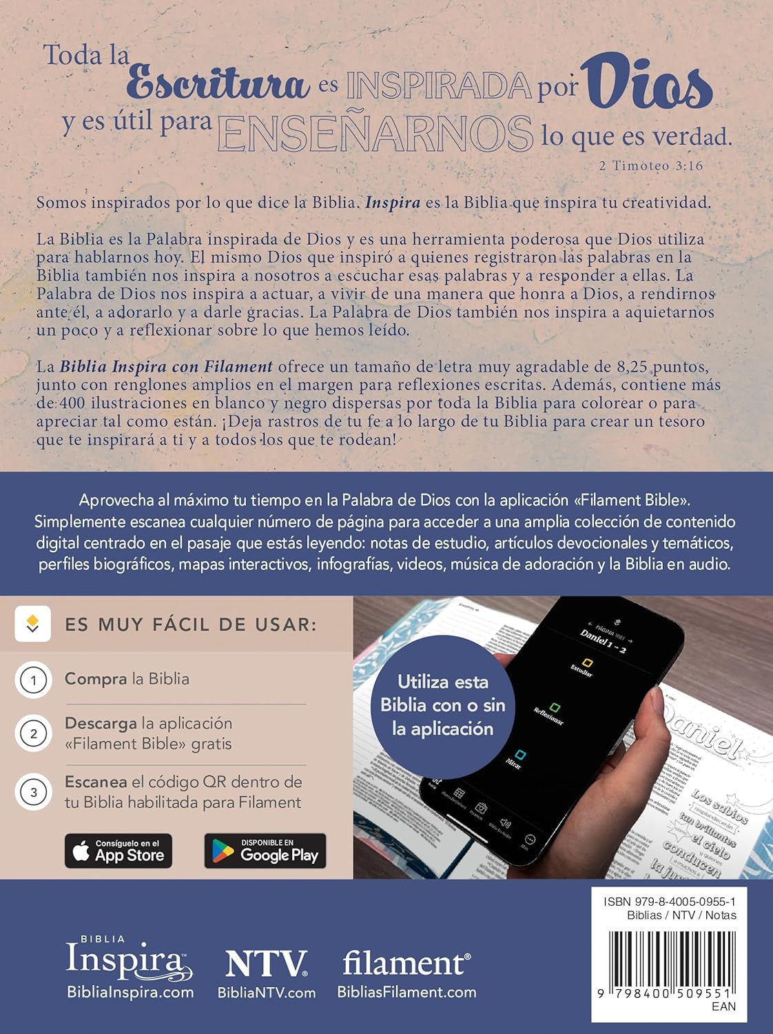 Biblia Inspira (NTV) con Filament, SentiPiel™ Acuarela Rosa
